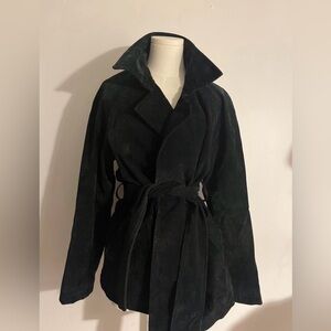 Vintage Black Suede  Trench Jacket Belted Wrap  Blazer Minimalist Quiet Luxury